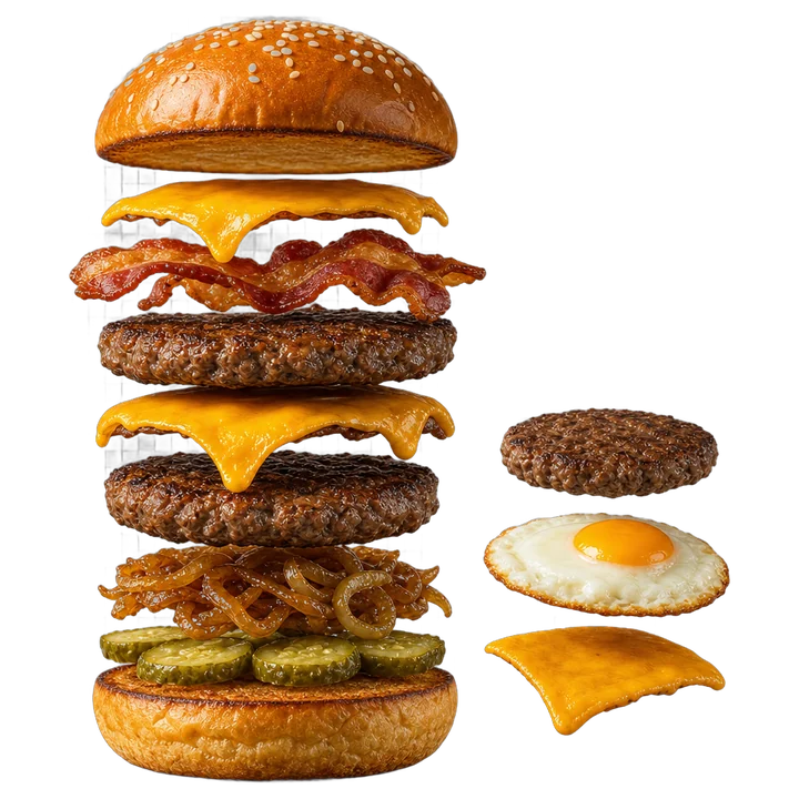 Hamburguesa doble con sus capas separadas y, al costado, un medallón, un huevo frito y una feta de cheddar extra.