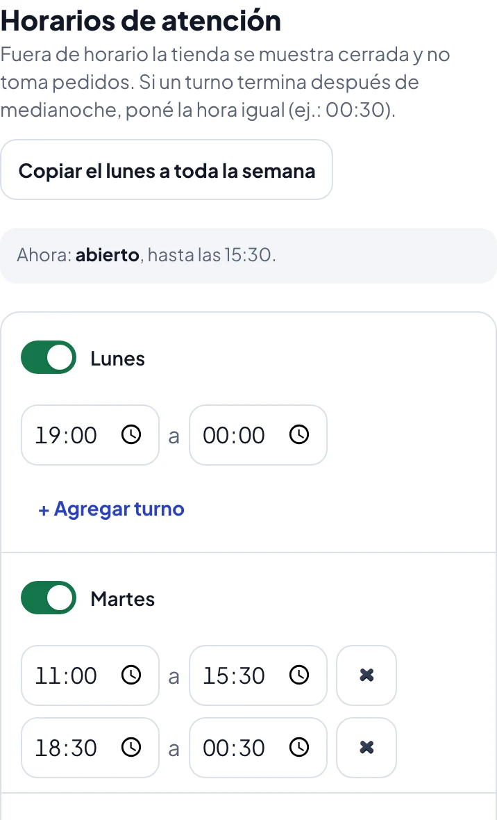Los horarios en el panel del local, con dos turnos por día.