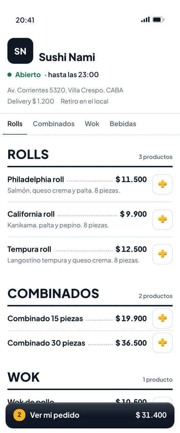 La tienda de Sushi Nami en el celular: rolls y combinados con precio, y el pedido con 2 productos por $ 31.400.